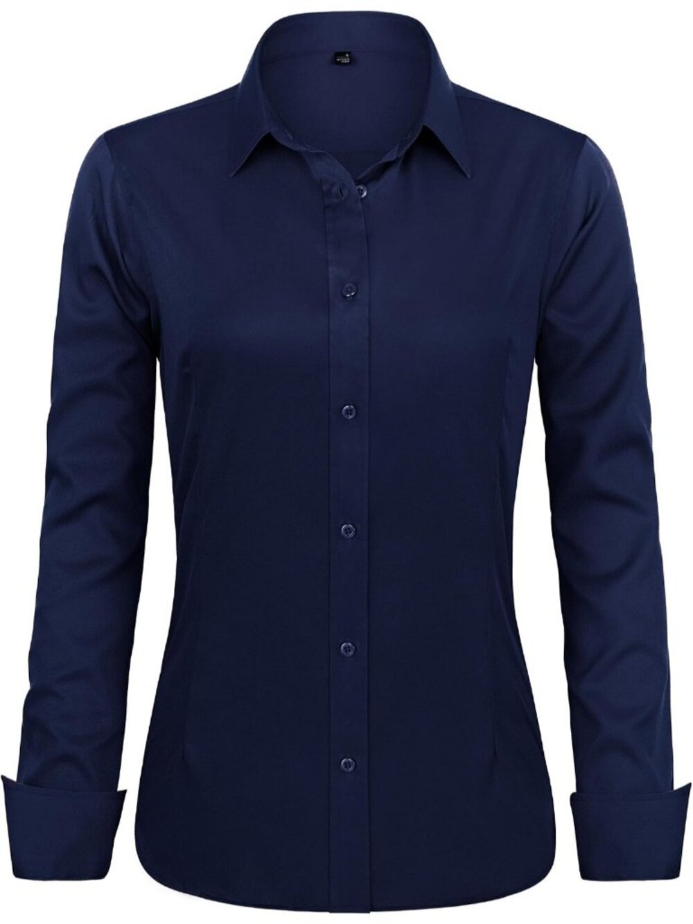Women's Navy Blue Button Down Shirt Wrinkle Free Stretch Long Sleeve Work Shirt